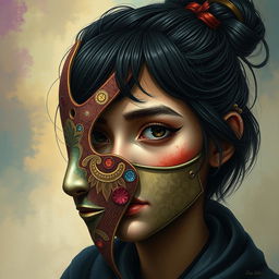 A detailed and artistic interpretation of a person wearing a creatively designed mask that partially covers the nose and right cheek