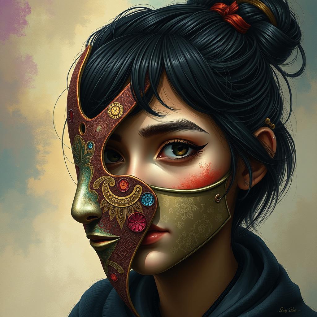 A detailed and artistic interpretation of a person wearing a creatively designed mask that partially covers the nose and right cheek