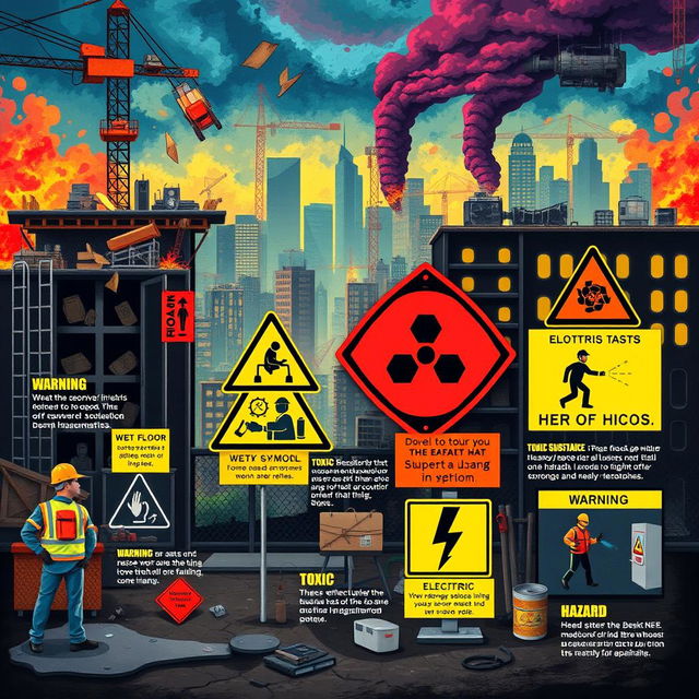 A detailed and cautionary illustration of various hazards that can potentially harm humans, including a variety of scenarios such as a construction site with falling debris, a wet floor symbol warning, a toxic substance warning sign, and an electric shock hazard depiction