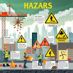 A detailed and cautionary illustration of various hazards that can potentially harm humans, including a variety of scenarios such as a construction site with falling debris, a wet floor symbol warning, a toxic substance warning sign, and an electric shock hazard depiction
