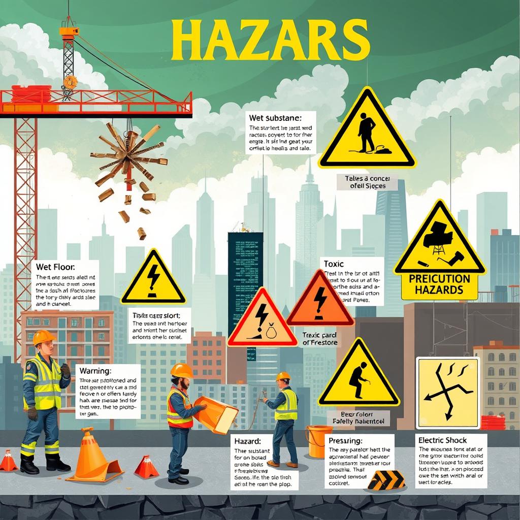 A detailed and cautionary illustration of various hazards that can potentially harm humans, including a variety of scenarios such as a construction site with falling debris, a wet floor symbol warning, a toxic substance warning sign, and an electric shock hazard depiction