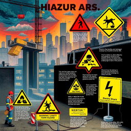 A detailed and cautionary illustration of various hazards that can potentially harm humans, including a variety of scenarios such as a construction site with falling debris, a wet floor symbol warning, a toxic substance warning sign, and an electric shock hazard depiction