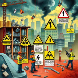 A detailed and cautionary illustration of various hazards that can potentially harm humans, including a variety of scenarios such as a construction site with falling debris, a wet floor symbol warning, a toxic substance warning sign, and an electric shock hazard depiction