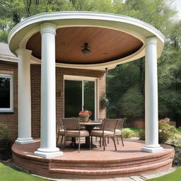 A 12x12 patio featuring cylindrical columns supporting a roof extension of 3 feet at the front side of a house.