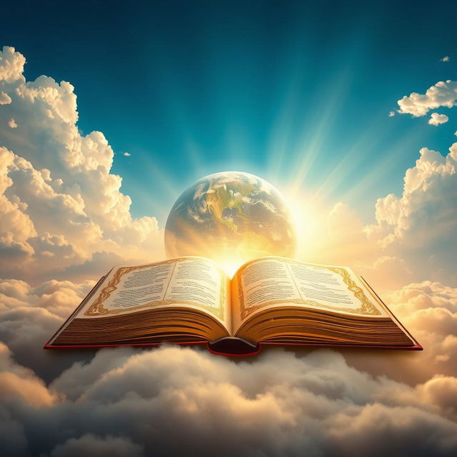 The earth illuminated by the radiant light of the Lord, with a majestic book opened amidst a celestial landscape