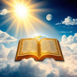The earth illuminated by the radiant light of the Lord, with a majestic book opened amidst a celestial landscape