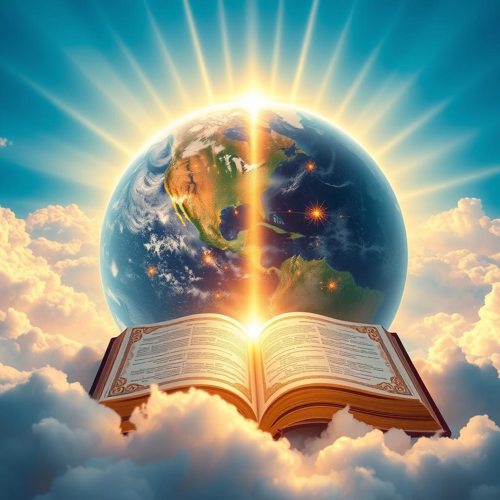 The earth illuminated by the radiant light of the Lord, with a majestic book opened amidst a celestial landscape