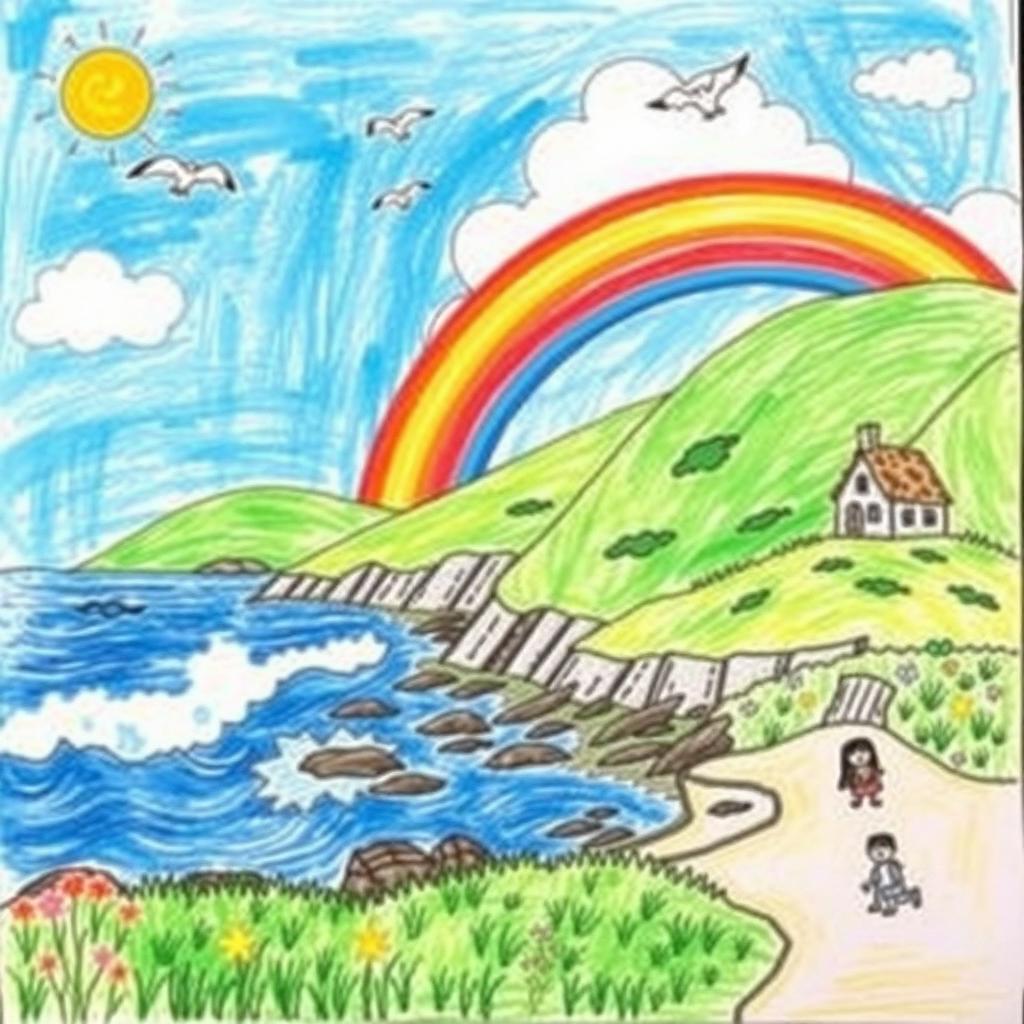 A child's drawing depicting the Irish coast, featuring a bright blue sky with fluffy white clouds, gently rolling green hills with patches of wildflowers, wild sea waves crashing against the rocky shore, a colorful rainbow arching across the sky, and a small cozy cottage with a thatched roof nestled in the hills