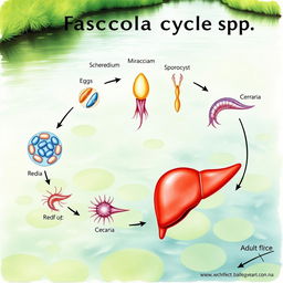 A detailed and informative illustration of the life cycle of Fasciola spp, featuring all stages including eggs, miracidium, sporocyst, redia, cercaria, and adult flukes