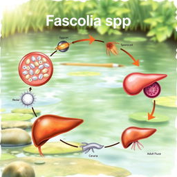 A detailed and informative illustration of the life cycle of Fasciola spp, featuring all stages including eggs, miracidium, sporocyst, redia, cercaria, and adult flukes