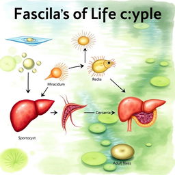 A detailed and informative illustration of the life cycle of Fasciola spp, featuring all stages including eggs, miracidium, sporocyst, redia, cercaria, and adult flukes