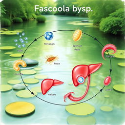 A detailed and informative illustration of the life cycle of Fasciola spp, featuring all stages including eggs, miracidium, sporocyst, redia, cercaria, and adult flukes