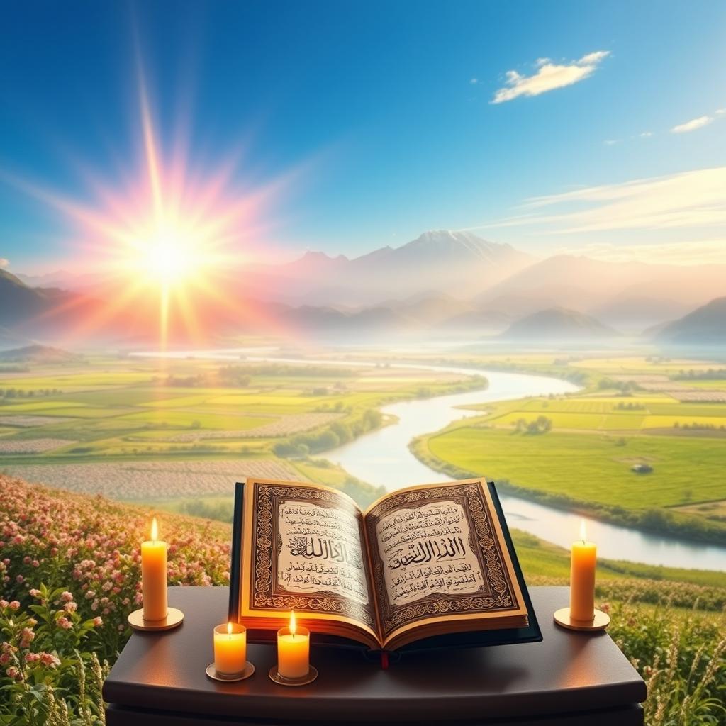 A beautiful and serene landscape illuminated by the radiant light of the earth, symbolizing the divine presence through the light of the Quran