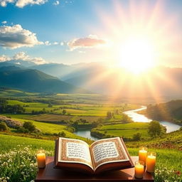 A beautiful and serene landscape illuminated by the radiant light of the earth, symbolizing the divine presence through the light of the Quran