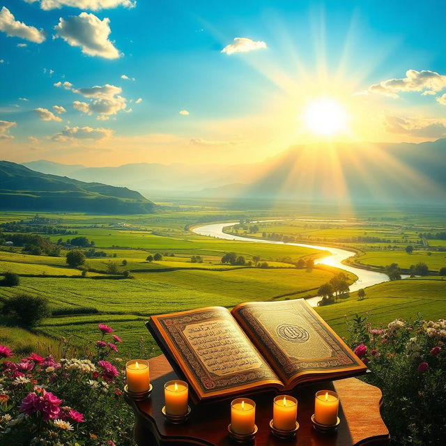 A beautiful and serene landscape illuminated by the radiant light of the earth, symbolizing the divine presence through the light of the Quran