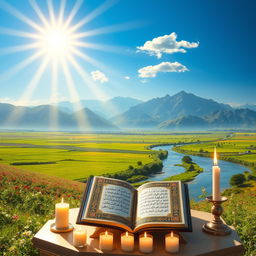 A beautiful and serene landscape illuminated by the radiant light of the earth, symbolizing the divine presence through the light of the Quran