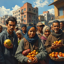 A powerful and evocative artwork inspired by Neo-Realism and Social Realism, depicting a vibrant urban scene filled with diverse, hardworking individuals engaged in daily life