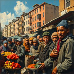 A powerful and evocative artwork inspired by Neo-Realism and Social Realism, depicting a vibrant urban scene filled with diverse, hardworking individuals engaged in daily life