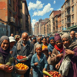 A powerful and evocative artwork inspired by Neo-Realism and Social Realism, depicting a vibrant urban scene filled with diverse, hardworking individuals engaged in daily life