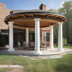 A 12x12 patio featuring cylindrical columns supporting a roof extension of 3 feet at the front side of a house.