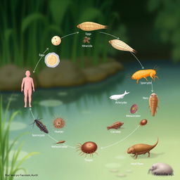 An educational illustration depicting the life cycle of Fasciola spp