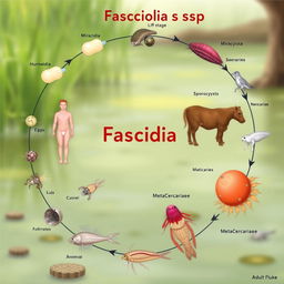 An educational illustration depicting the life cycle of Fasciola spp