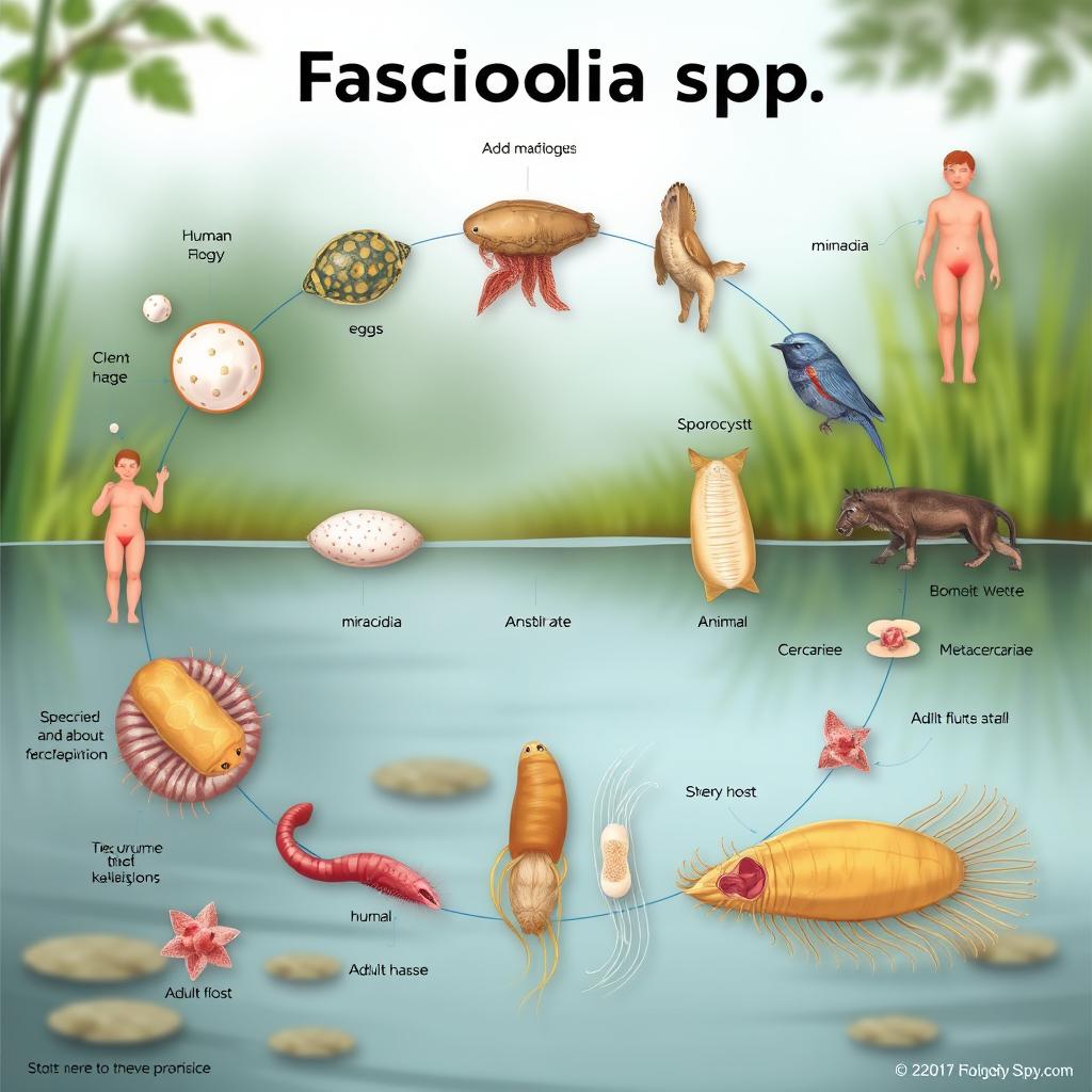 An educational illustration depicting the life cycle of Fasciola spp