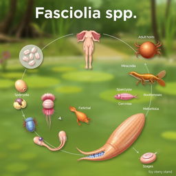 An educational illustration depicting the life cycle of Fasciola spp