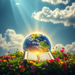 The Earth illuminated by the divine light of its Creator, with the Quran placed gently in the center, glowing radiantly