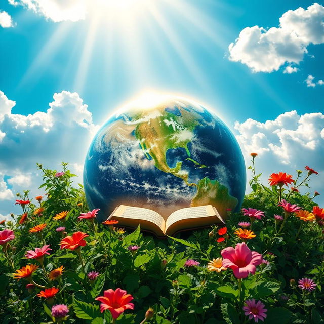 The Earth illuminated by the divine light of its Creator, with the Quran placed gently in the center, glowing radiantly