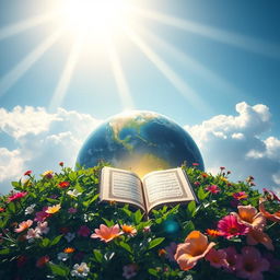 The Earth illuminated by the divine light of its Creator, with the Quran placed gently in the center, glowing radiantly