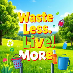 A vibrant and eye-catching signage design promoting zero waste, featuring a catchy slogan like 'Waste Less, Live More!' in bold, colorful lettering
