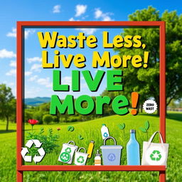 A vibrant and eye-catching signage design promoting zero waste, featuring a catchy slogan like 'Waste Less, Live More!' in bold, colorful lettering