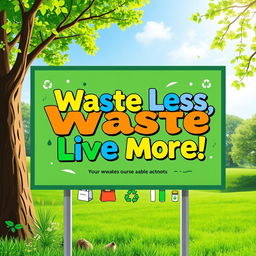 A vibrant and eye-catching signage design promoting zero waste, featuring a catchy slogan like 'Waste Less, Live More!' in bold, colorful lettering