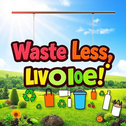 A vibrant and eye-catching signage design promoting zero waste, featuring a catchy slogan like 'Waste Less, Live More!' in bold, colorful lettering