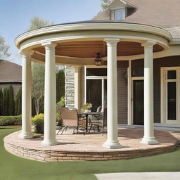 A 12x12 patio with round columns supporting an extended roof that protrudes 3 feet in front of the facade of a house.