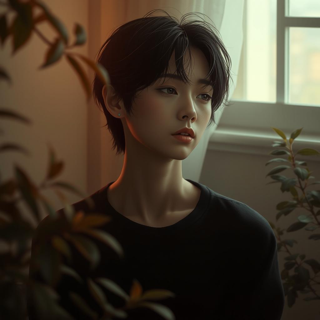 A serene scene capturing a single individual in deep introspection