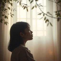 A serene scene capturing a single individual in deep introspection