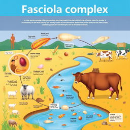 An educational illustration showcasing the life cycle of the Fasciola complex, including detailed stages such as eggs, larvae, and adult flukes