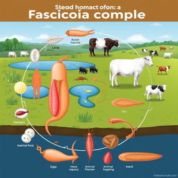 An educational illustration showcasing the life cycle of the Fasciola complex, including detailed stages such as eggs, larvae, and adult flukes