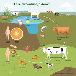 An educational illustration showcasing the life cycle of the Fasciola complex, including detailed stages such as eggs, larvae, and adult flukes