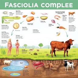 An educational illustration showcasing the life cycle of the Fasciola complex, including detailed stages such as eggs, larvae, and adult flukes