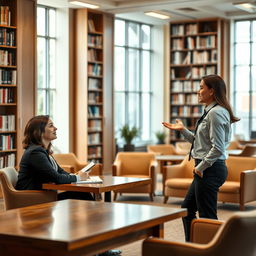 A serene library setting where two professionals are engaged in an interview