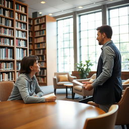 A serene library setting where two professionals are engaged in an interview