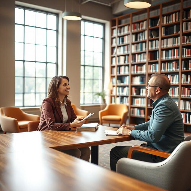 A serene library setting where two professionals are engaged in an interview