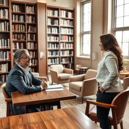 A serene library setting where two professionals are engaged in an interview