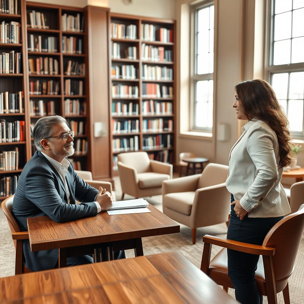 A serene library setting where two professionals are engaged in an interview