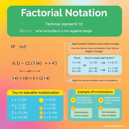 An educational infographic illustrating factorial notation in mathematics