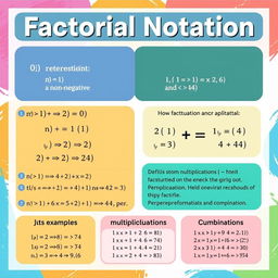 An educational infographic illustrating factorial notation in mathematics