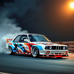 A stunning BMW E30 car designed for drifting, showcasing its sleek racing modifications